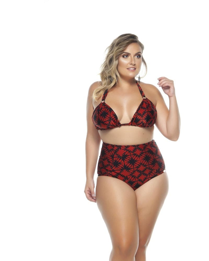Front of a model wearing a size 16 Double Swim Top With Metal In The Handles in Terracotta Geometric by Lehona. | dia_product_style_image_id:267533